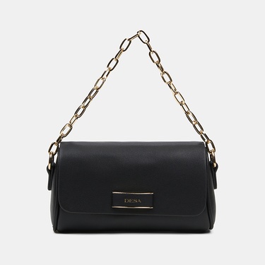  Kadın Siyah Gold Zincir Detaylı El ve Omuz Çantası