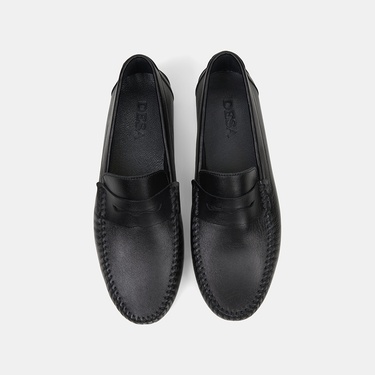  Erkek Siyah Yuvarlak Burun Deri Loafer