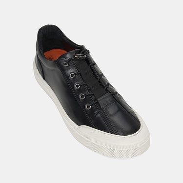  Erkek Siyah Lastik Bağcıklı Deri Sneaker