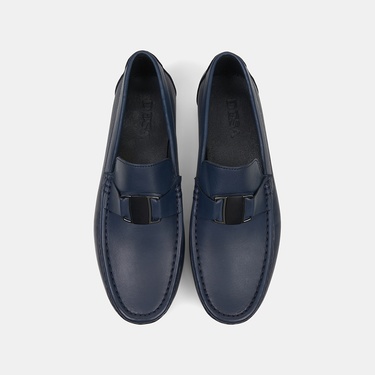  Erkek Lacivert Metal Detaylı Deri Loafer