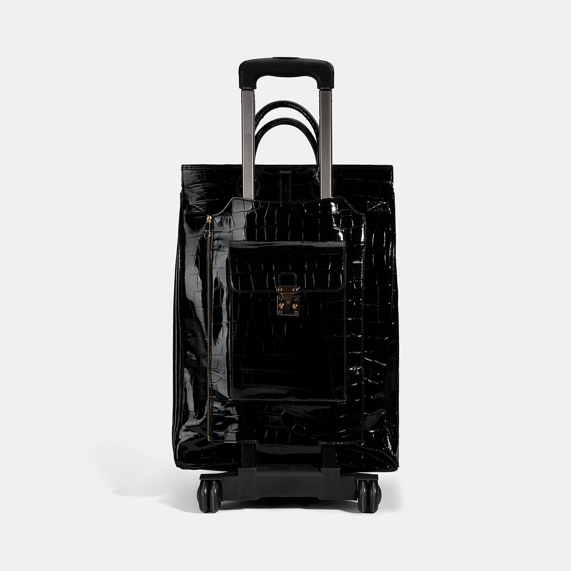 Siyah Kroko Baskılı Rugan Deri Kabin Valiz