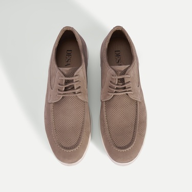  Erkek Bej Bağcıklı Nubuk Deri Perforeli Günlük Ayakkabı