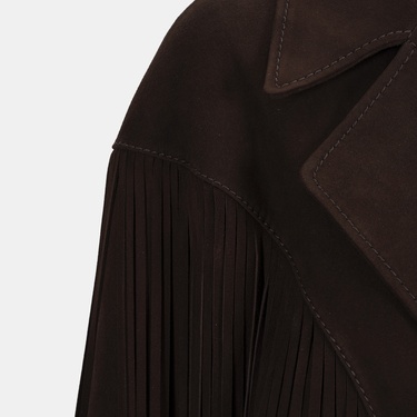  Kadın Koyu Kahve Yakalı Püskül Detaylı Kısa Süet Ceket