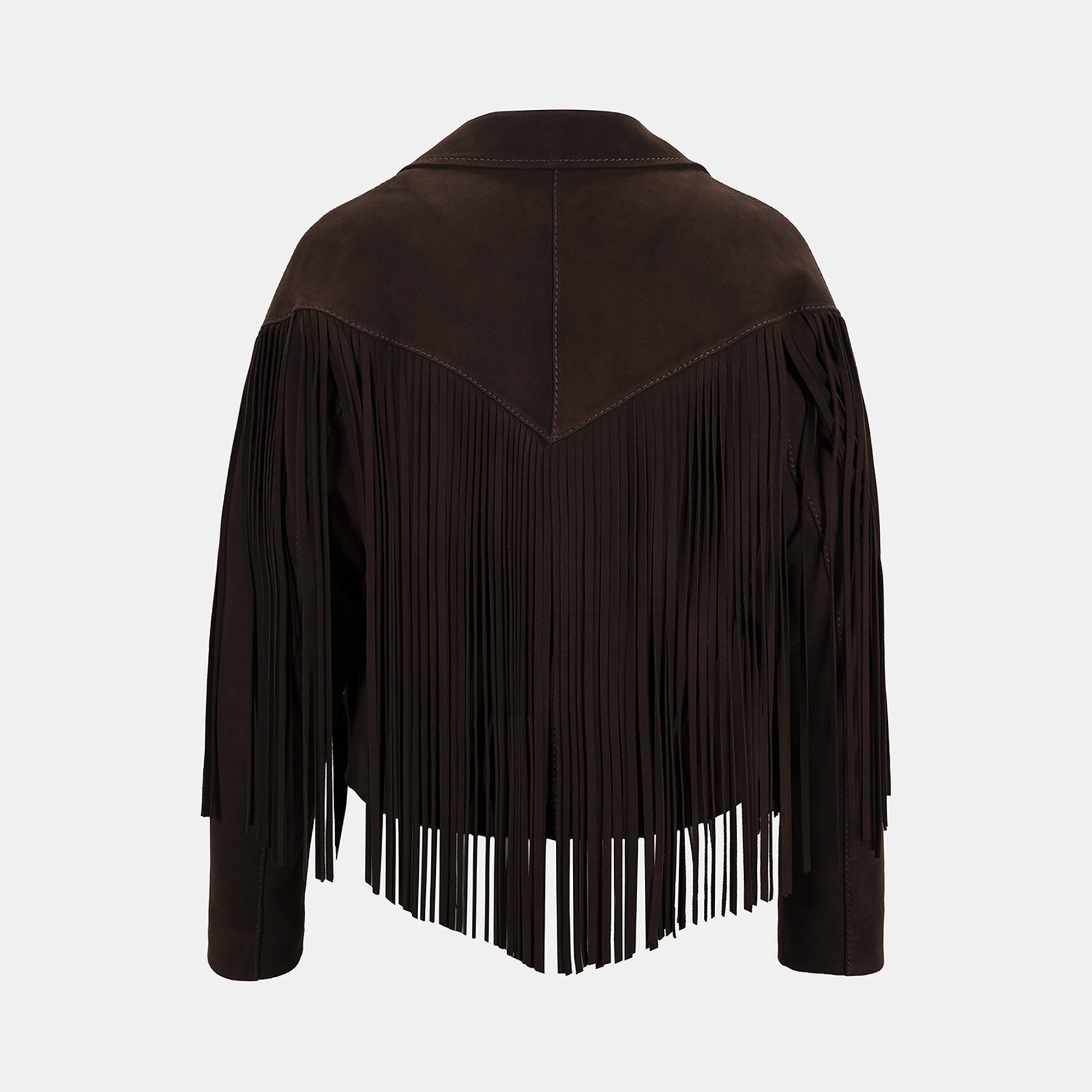 Kadın Koyu Kahve Yakalı Püskül Detaylı Kısa Süet Ceket