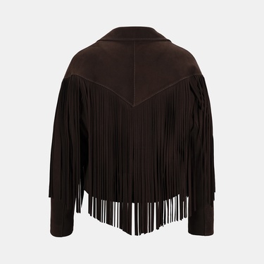  Kadın Koyu Kahve Yakalı Püskül Detaylı Kısa Süet Ceket