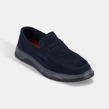  Erkek Lacivert Kalın Tabanlı Süet Deri Loafer