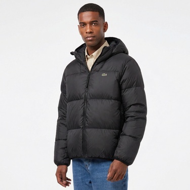  Erkek Relaxed Fit Kapüşonlu Siyah Şişme Mont