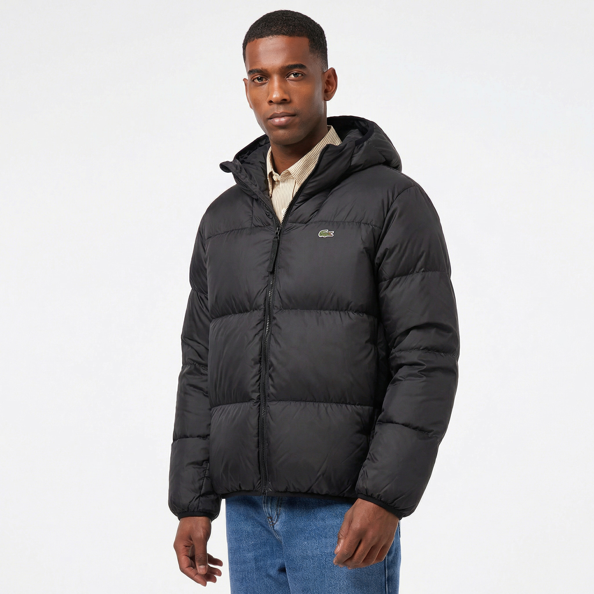  Erkek Relaxed Fit Kapüşonlu Siyah Şişme Mont