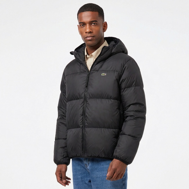  Erkek Relaxed Fit Kapüşonlu Siyah Şişme Mont