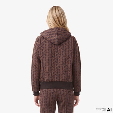  Lacoste Kadın Regular Fit Kapüşonlu Monogram Kahverengi Sweatshirt