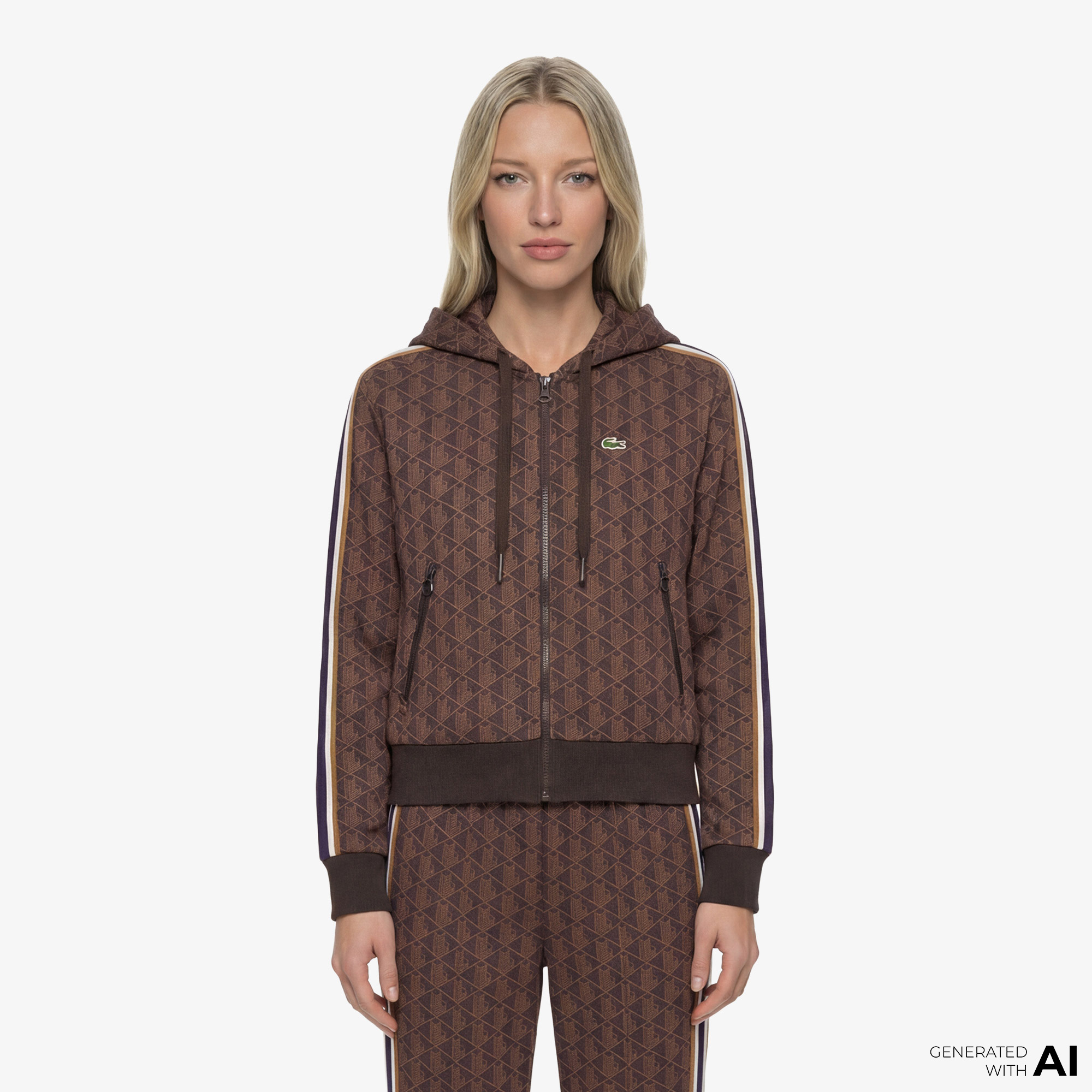  Lacoste Kadın Regular Fit Kapüşonlu Monogram Kahverengi Sweatshirt