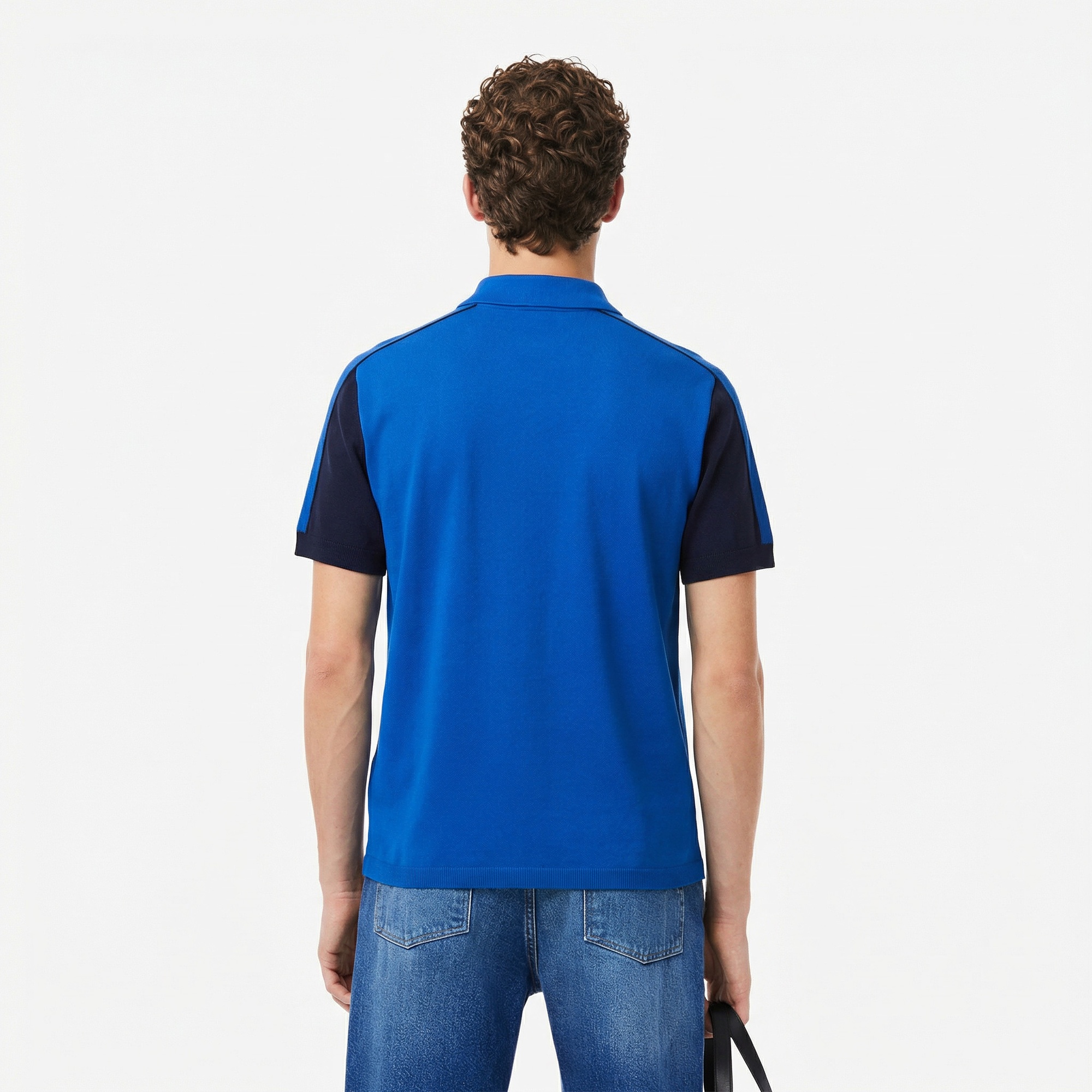 Erkek Kısa Kollu Yarım Fermuarlı Renk Bloklu Mavi Triko