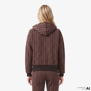  Lacoste Kadın Regular Fit Kapüşonlu Monogram Kahverengi Sweatshirt