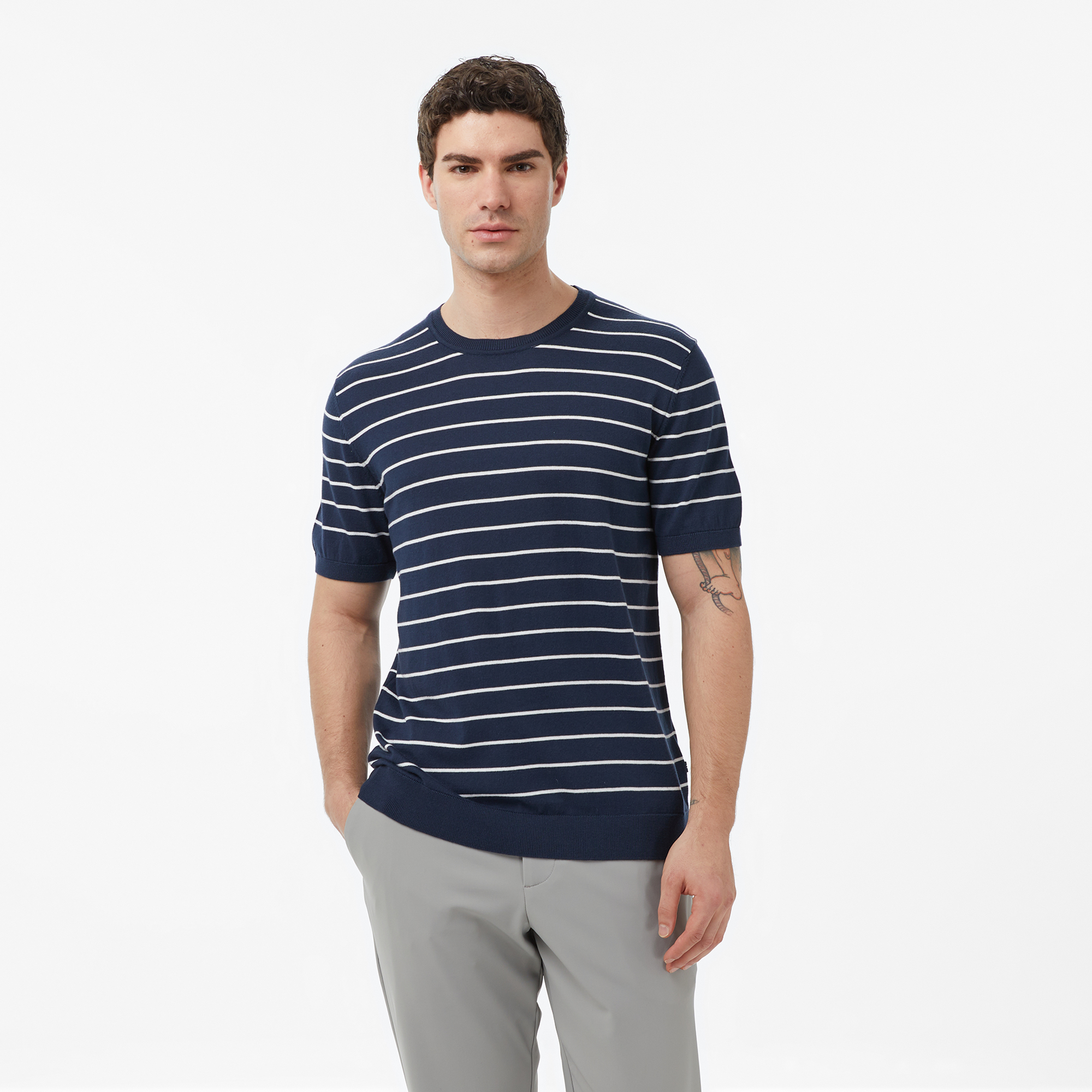  Nautica Erkek Lacivert Regular Fit Kısa Kollu Çizgili Triko