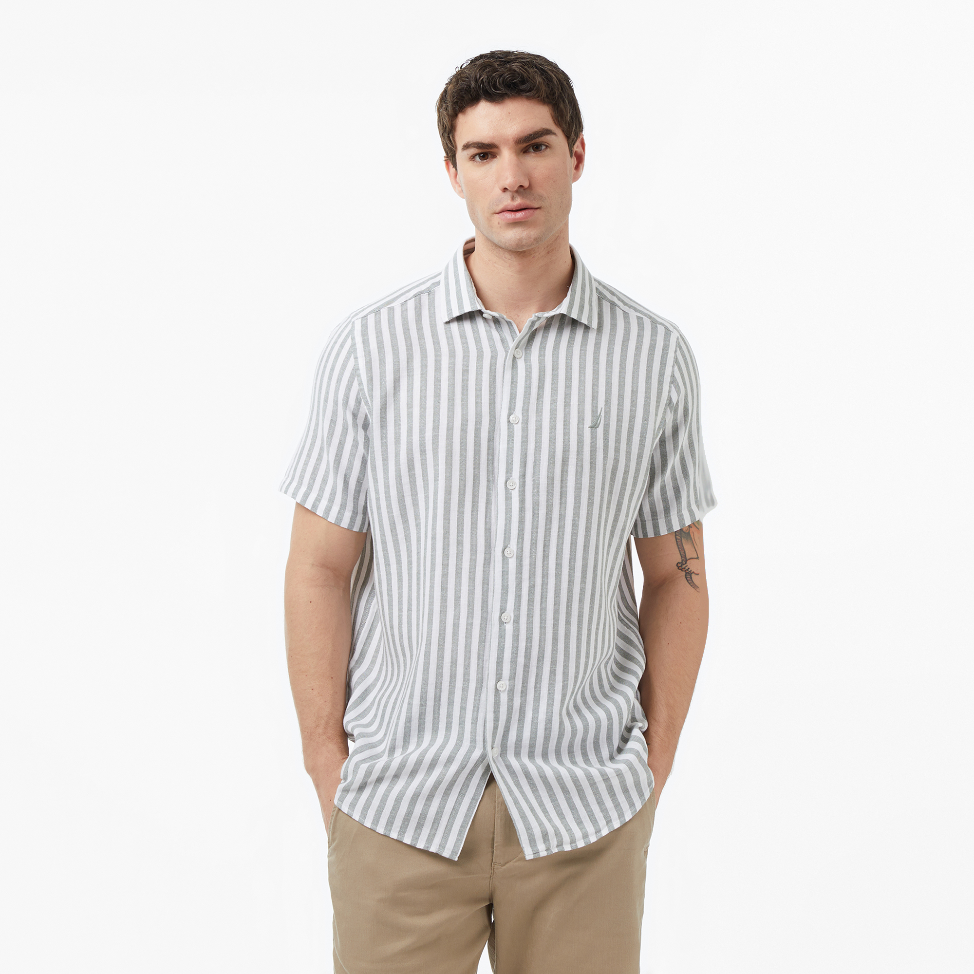  Nautica Erkek Yeşil Regular Fit Kısa Kollu Çizgili Gömlek