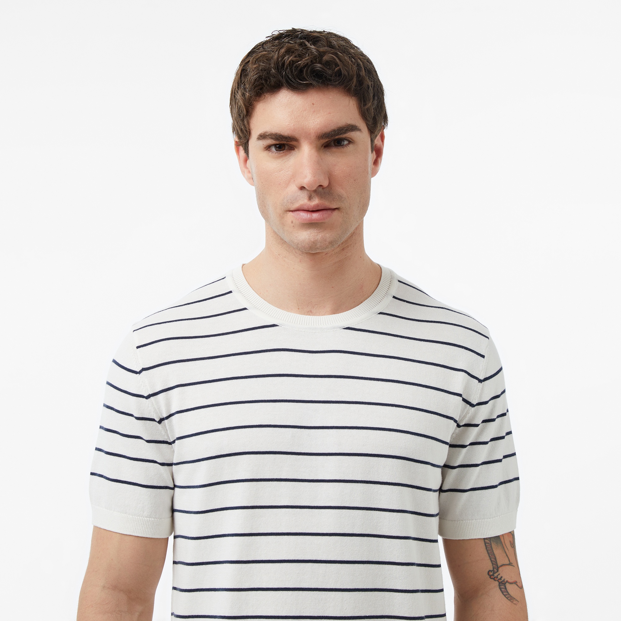 Nautica Erkek Krem Regular Fit Kısa Kollu Çizgili Triko