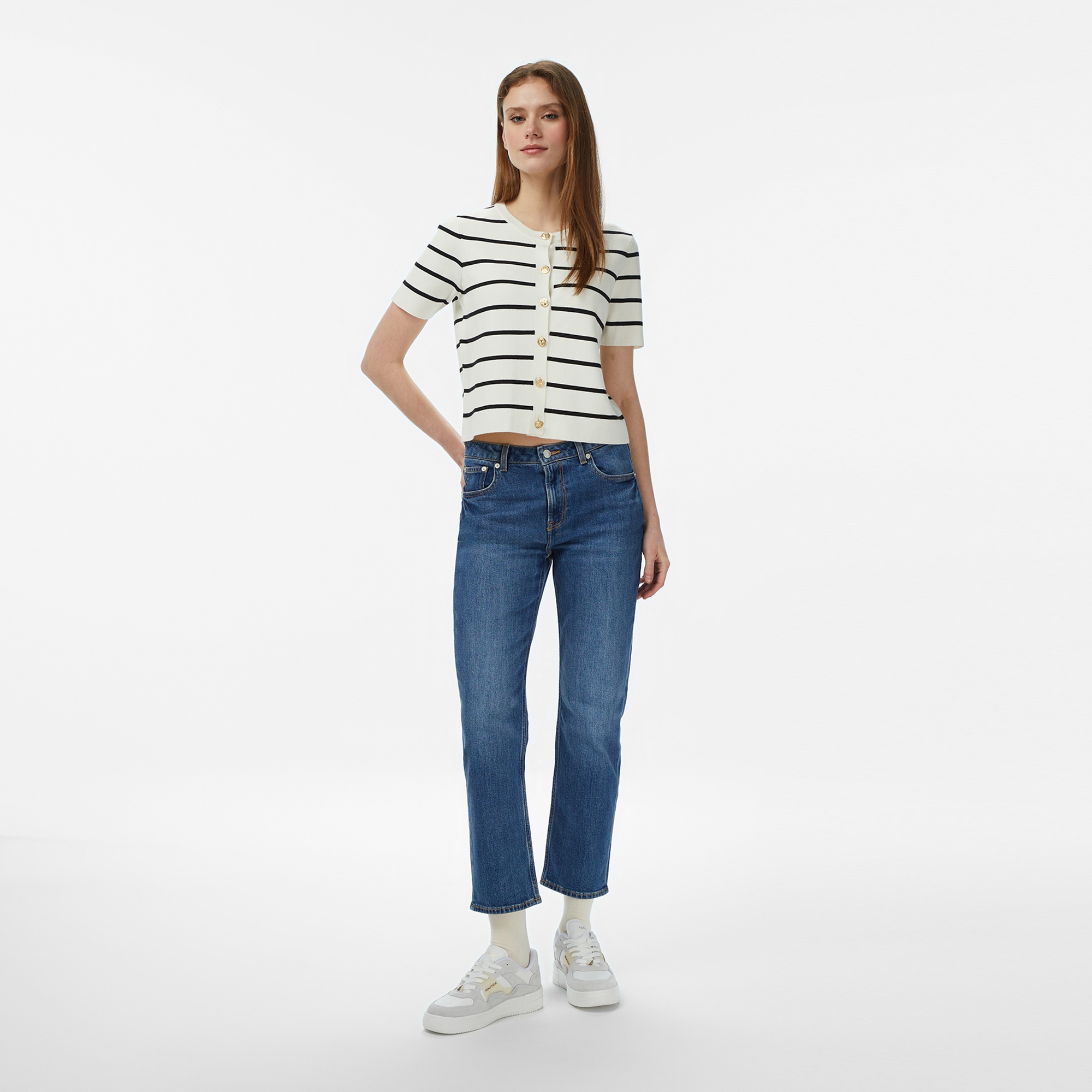 Nautica Kadın Krem Slim Fit Kısa Kollu Çizgili Triko Hırka