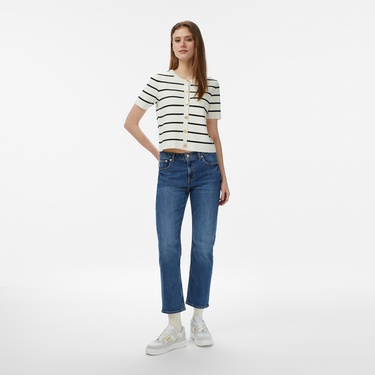  Nautica Kadın Krem Slim Fit Kısa Kollu Çizgili Triko Hırka