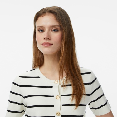  Nautica Kadın Krem Slim Fit Kısa Kollu Çizgili Triko Hırka