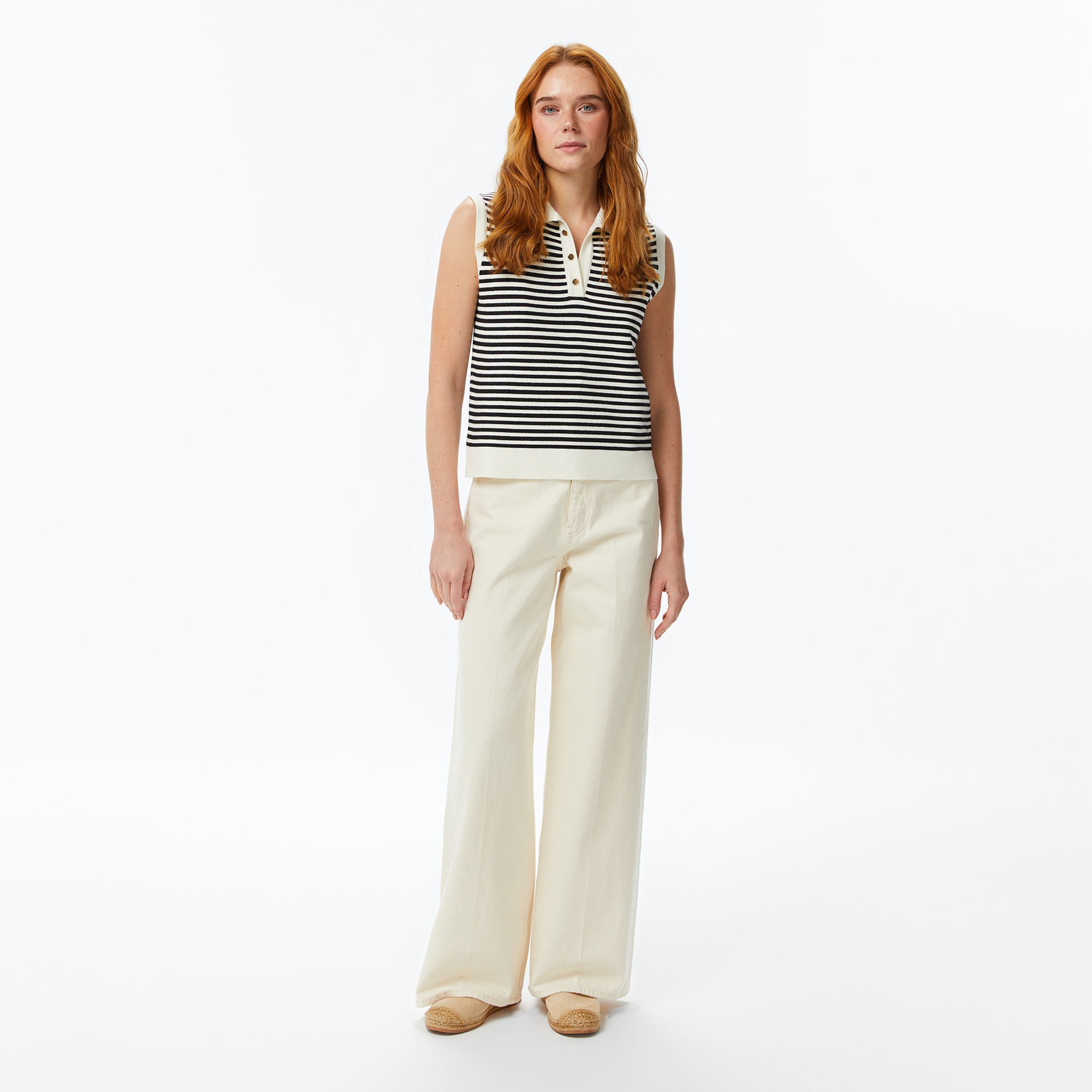 Nautica Kadın Krem Regular Fit Kolsuz Çizgili Polo Yaka T-Shirt