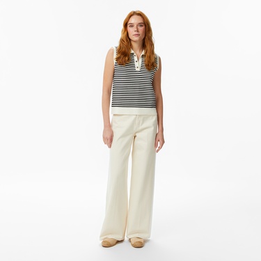  Nautica Kadın Krem Regular Fit Kolsuz Çizgili Polo Yaka T-Shirt