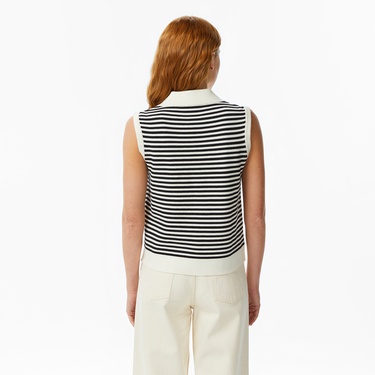  Nautica Kadın Krem Regular Fit Kolsuz Çizgili Polo Yaka T-Shirt