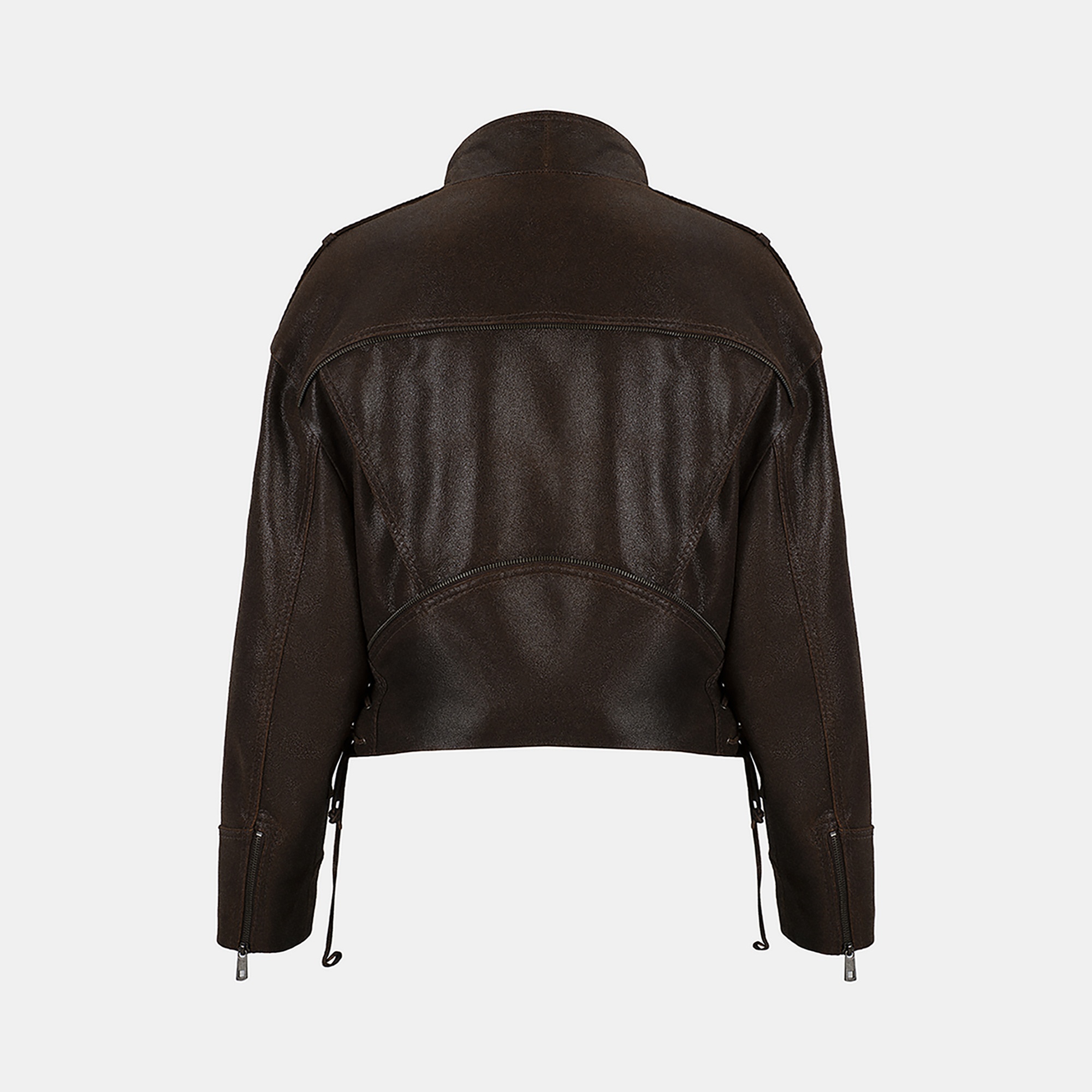 Kadın Kahve Oversize Kemerli Biker Deri Ceket