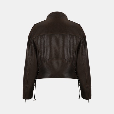  Kadın Kahve Oversize Kemerli Biker Deri Ceket