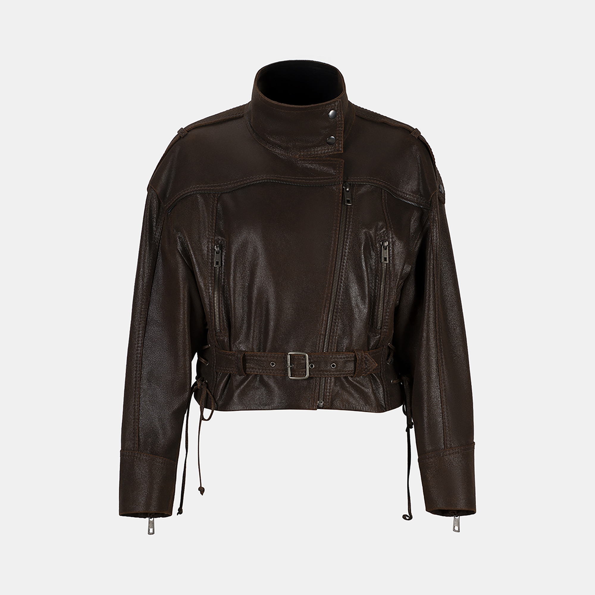 Kadın Kahve Oversize Kemerli Biker Deri Ceket