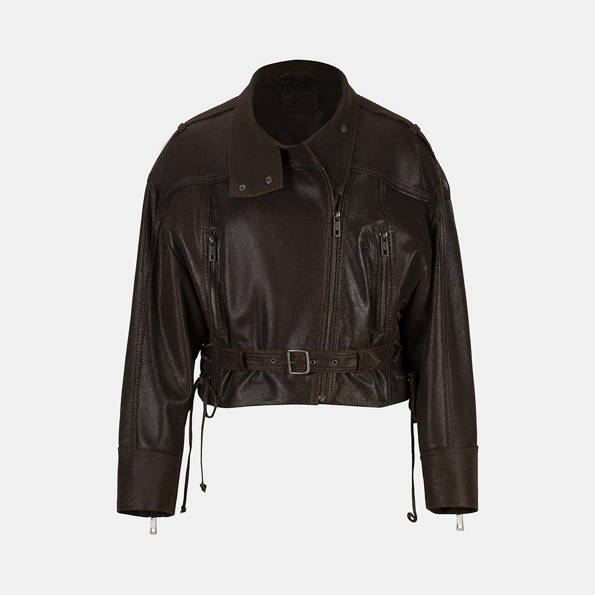 Kadın Kahve Oversize Kemerli Biker Deri Ceket