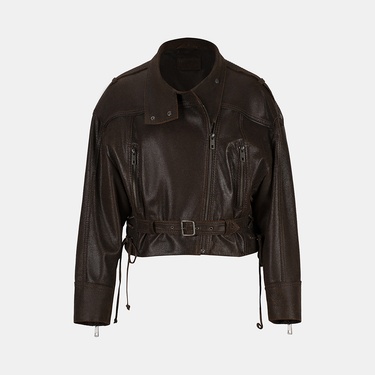  Kadın Kahve Oversize Kemerli Biker Deri Ceket