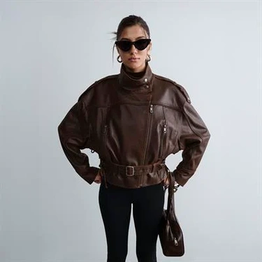  Kadın Kahve Oversize Kemerli Biker Deri Ceket