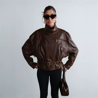  Kadın Kahve Oversize Kemerli Biker Deri Ceket