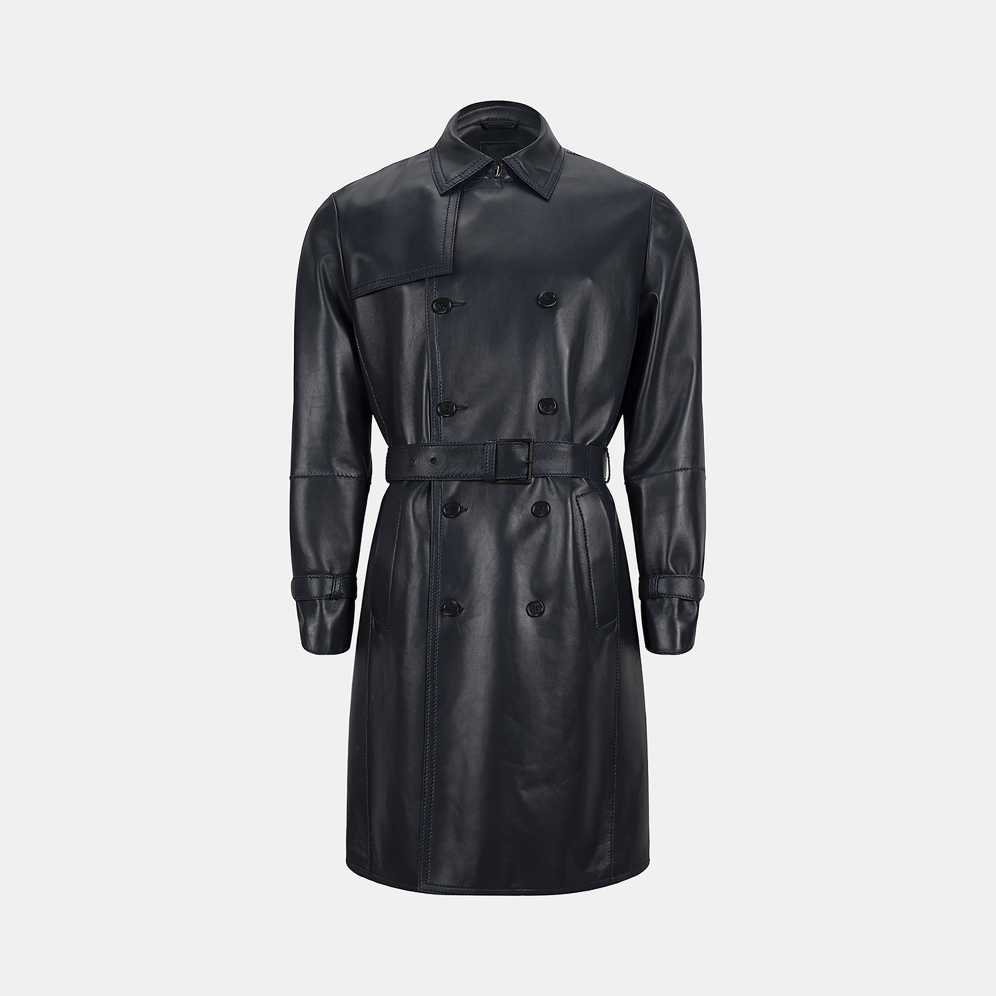 Erkek Lacivert Kruvaze Kapamalı Deri Trençkot