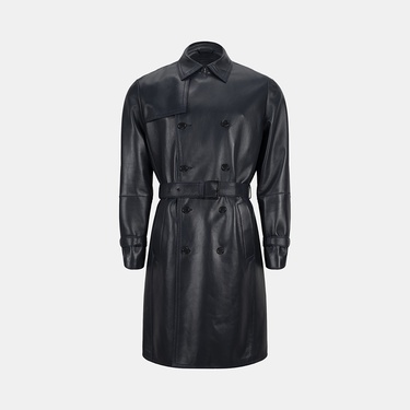  Erkek Lacivert Kruvaze Kapamalı Deri Trençkot