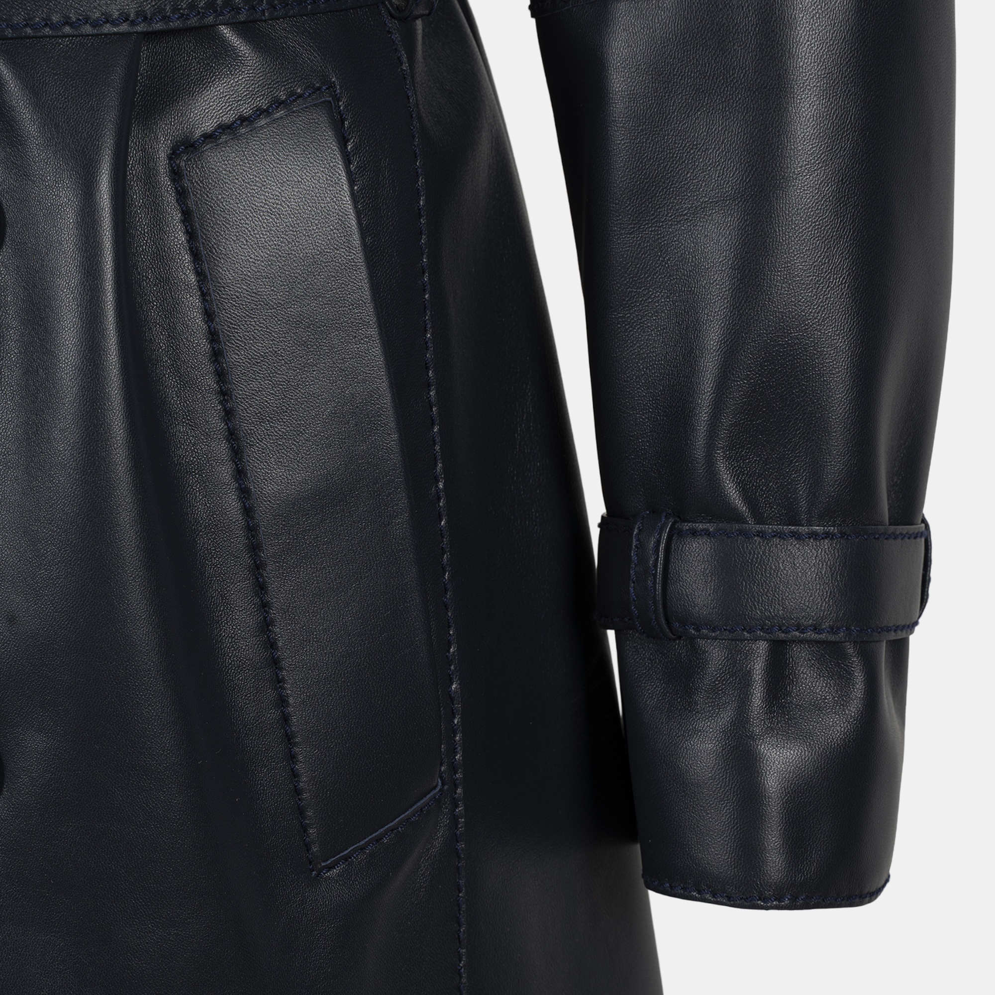 Erkek Lacivert Kruvaze Kapamalı Deri Trençkot