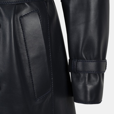  Erkek Lacivert Kruvaze Kapamalı Deri Trençkot