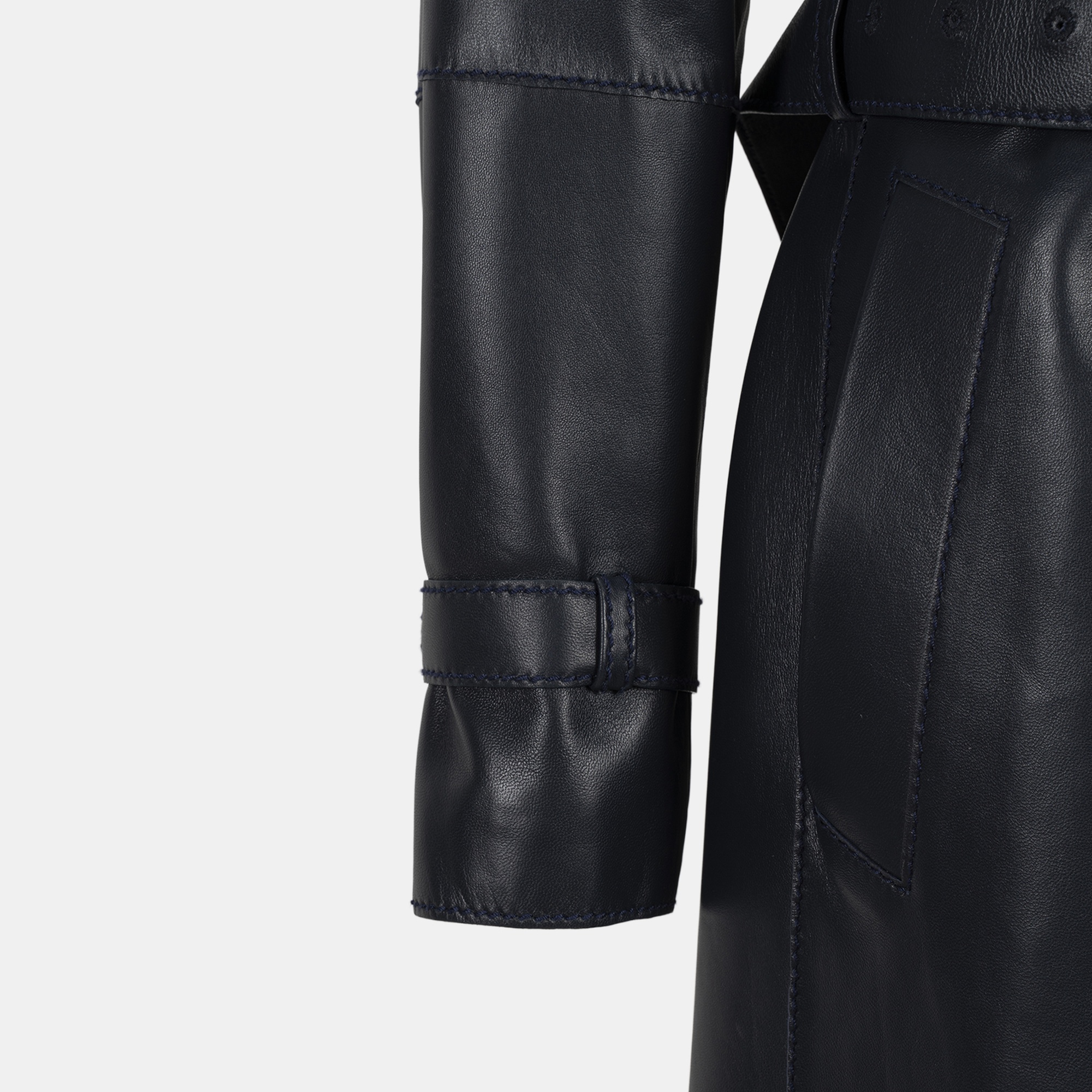 Erkek Lacivert Kruvaze Kapamalı Deri Trençkot