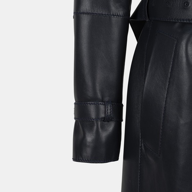  Erkek Lacivert Kruvaze Kapamalı Deri Trençkot