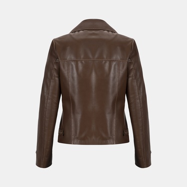  Kadın Kahve Yakalı Biker Deri Ceket