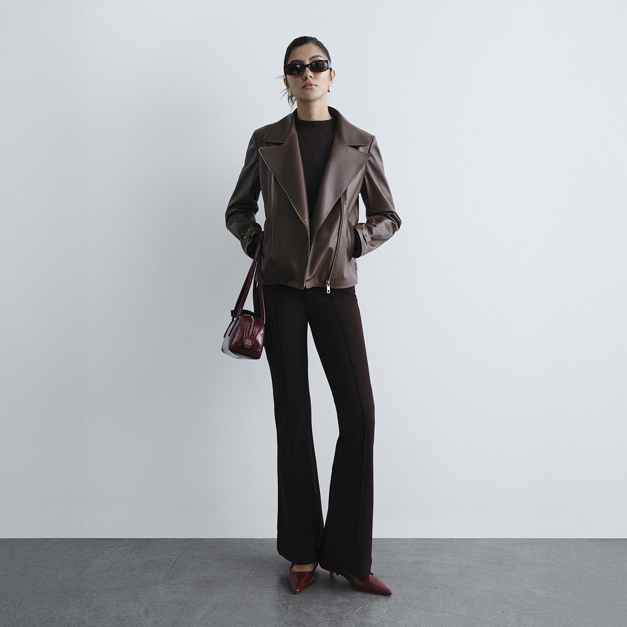 Kadın Kahve Yakalı Biker Deri Ceket