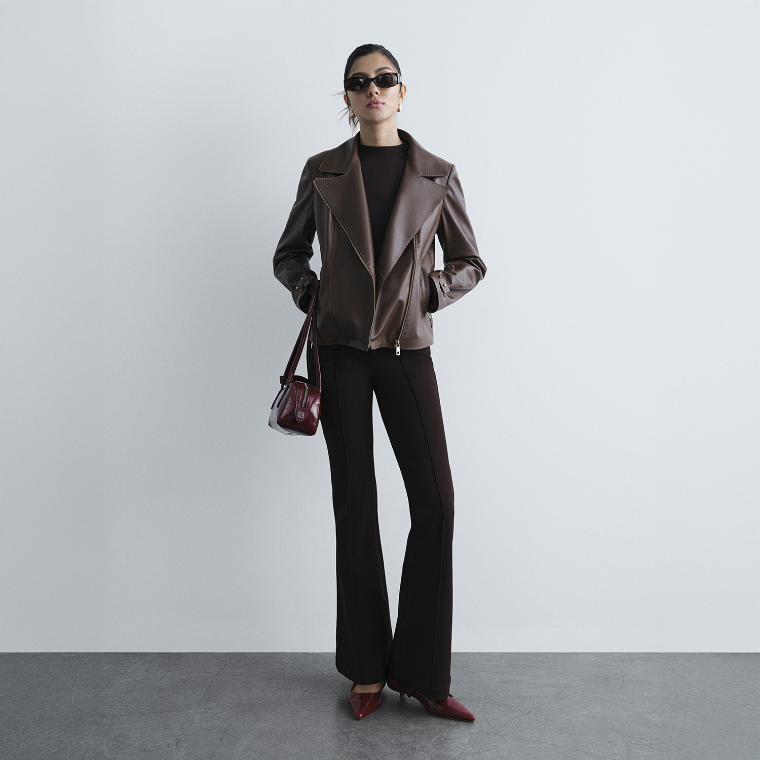  Kadın Kahve Yakalı Biker Deri Ceket