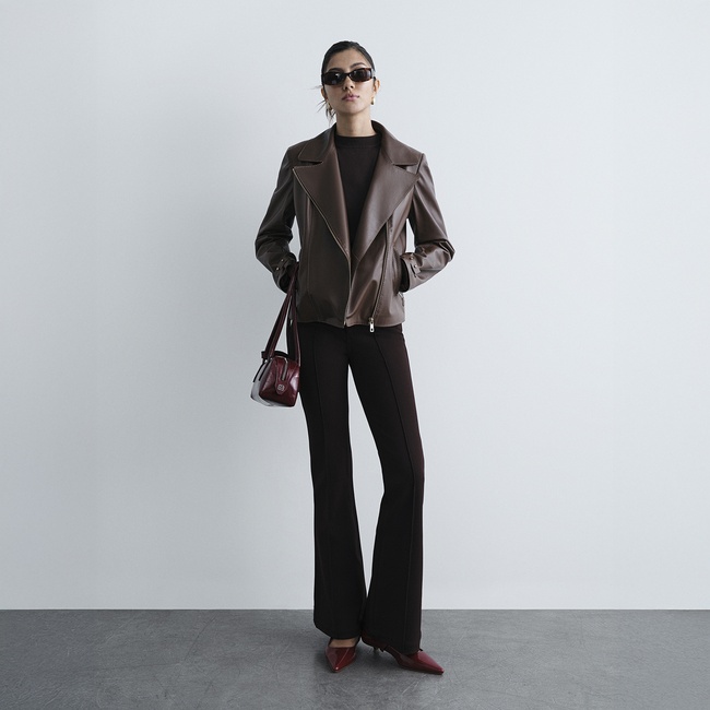  Kadın Kahve Yakalı Biker Deri Ceket