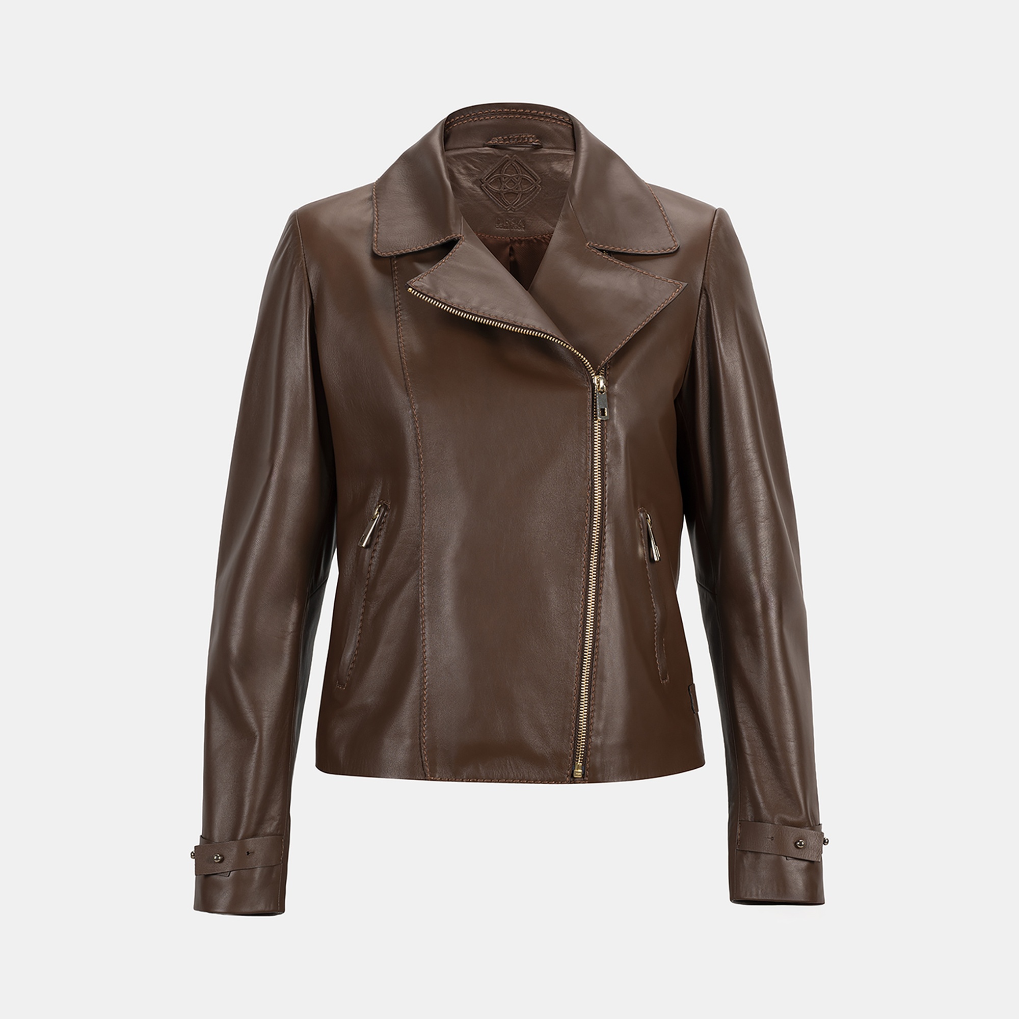 Kadın Kahve Yakalı Biker Deri Ceket