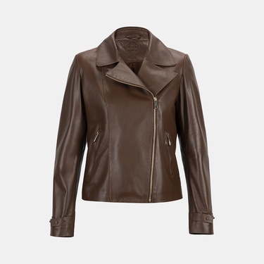  Kadın Kahve Yakalı Biker Deri Ceket