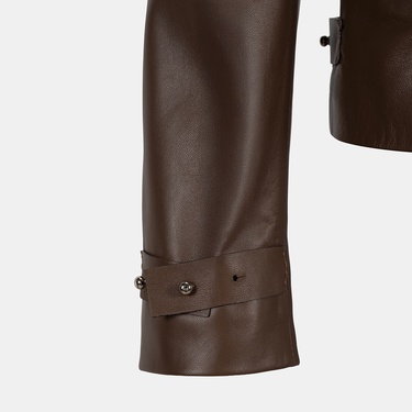  Kadın Kahve Yakalı Biker Deri Ceket