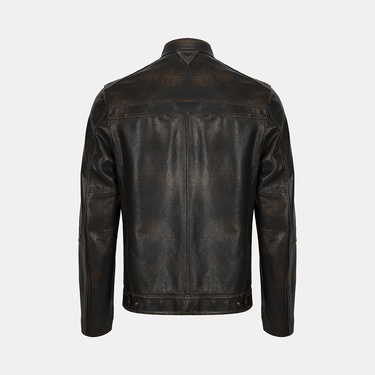  Erkek Kahve Eskitme Hakim Yakalı Deri Ceket