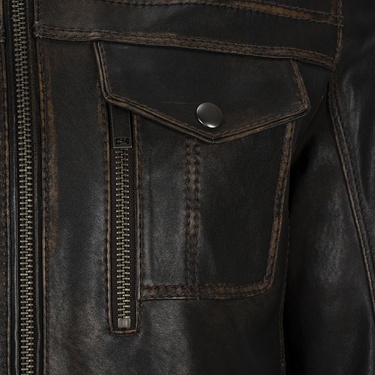  Erkek Kahve Eskitme Hakim Yakalı Deri Ceket