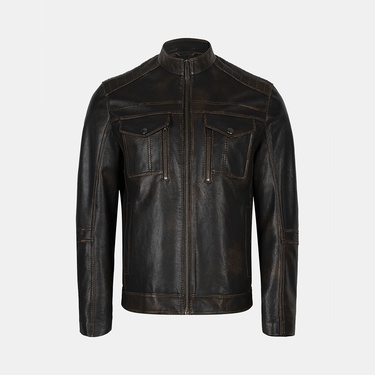  Erkek Kahve Eskitme Hakim Yakalı Deri Ceket