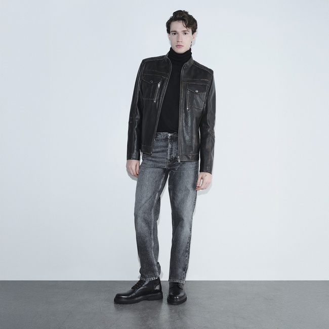  Erkek Kahve Eskitme Hakim Yakalı Deri Ceket